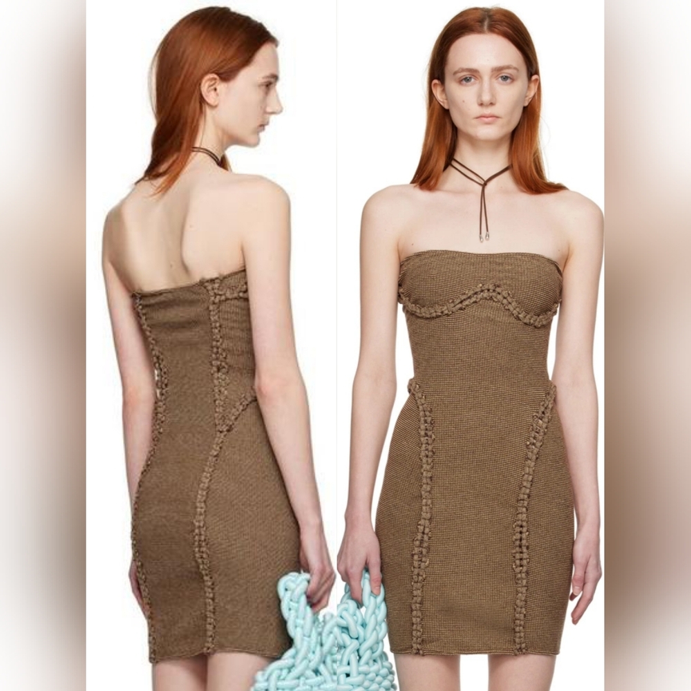 Isa Boulder Fly Mini Dress XS Brown Stretch Rib Knit Bodycon Braided Strapless